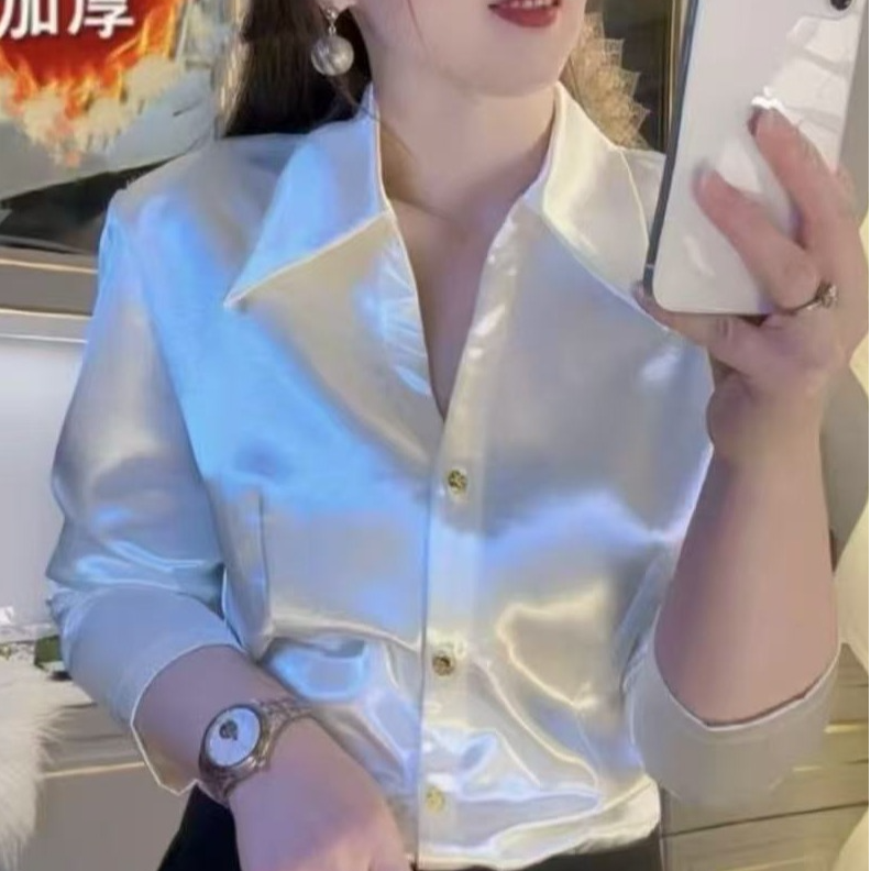 加绒【加厚】缎面衬衣修身保暖时尚百搭轻奢洋气气质显瘦