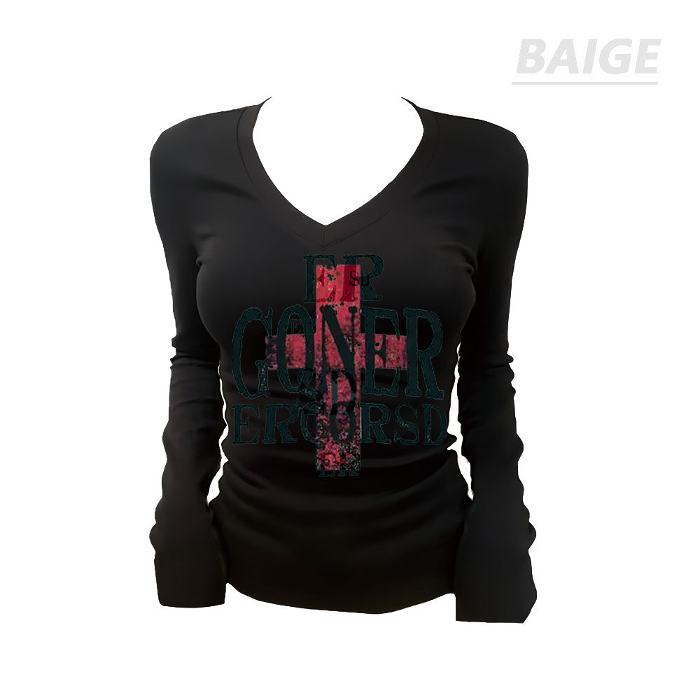 BAIGE正肩纯棉BAIGE显瘦V领长袖百搭打底红十字英文印花长袖上衣