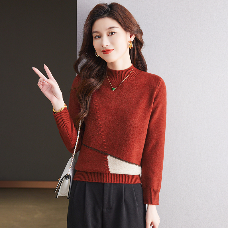 2024冬季新款半高领百搭洋气时尚套头短款拼色长袖羊毛针织衫957
