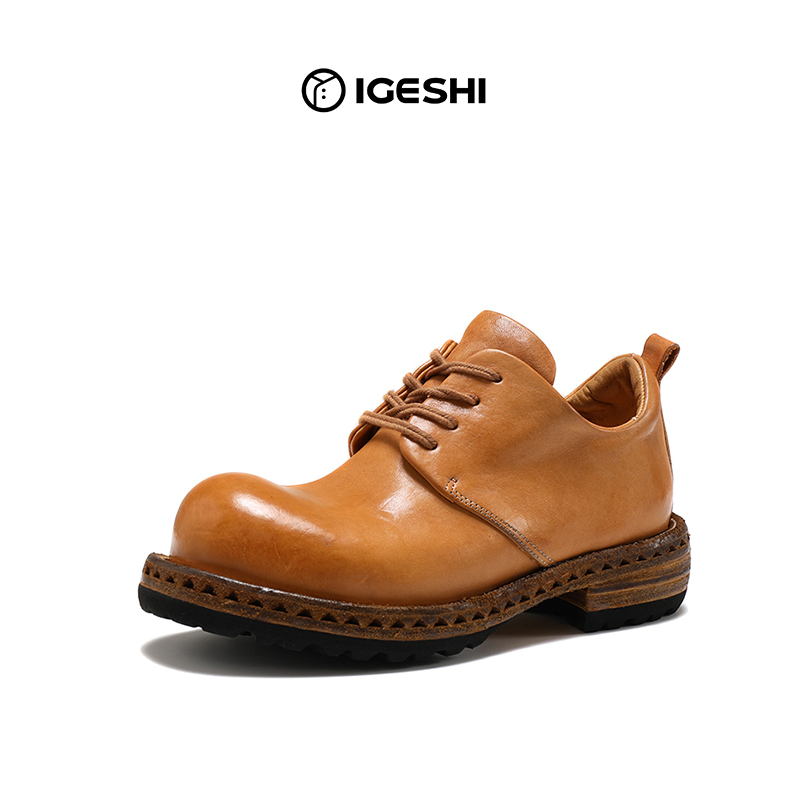 复古四季商务水洗马皮系带厚底大头潮鞋男士休闲皮鞋增高真皮皮鞋