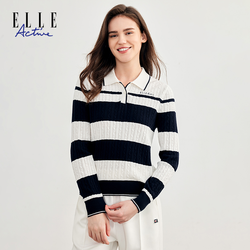 ELLE Active【条纹POLO针织衫】经典翻领长袖毛衣秋季休闲女装上衣