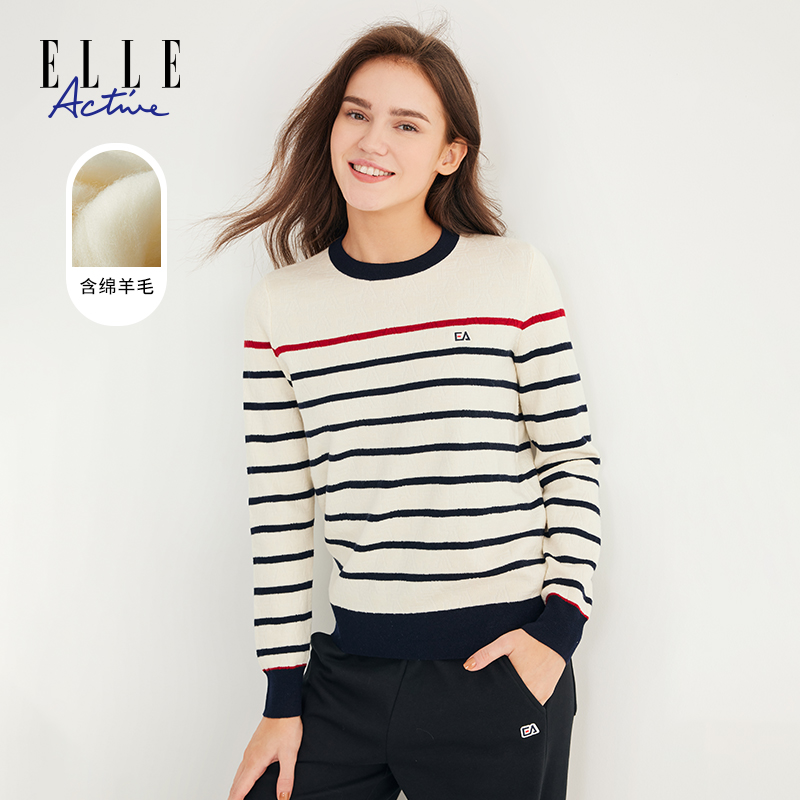 ELLE Active【含绵羊毛】新款保暖撞色条纹女毛衣百搭通勤圆领毛衫