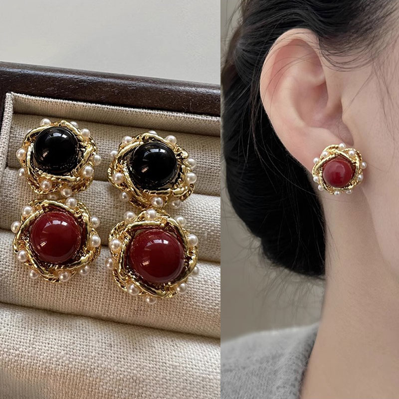 法式宫廷风酒红色滴釉耳环仿珍珠耳钉高级感订婚新娘结婚耳饰4172