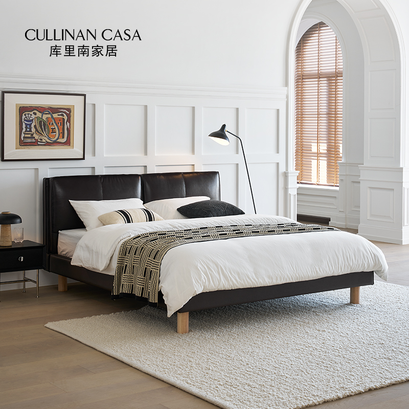 库里南家居初墨真皮床轻奢1.8双人床包豪斯风头层牛皮主卧室大床