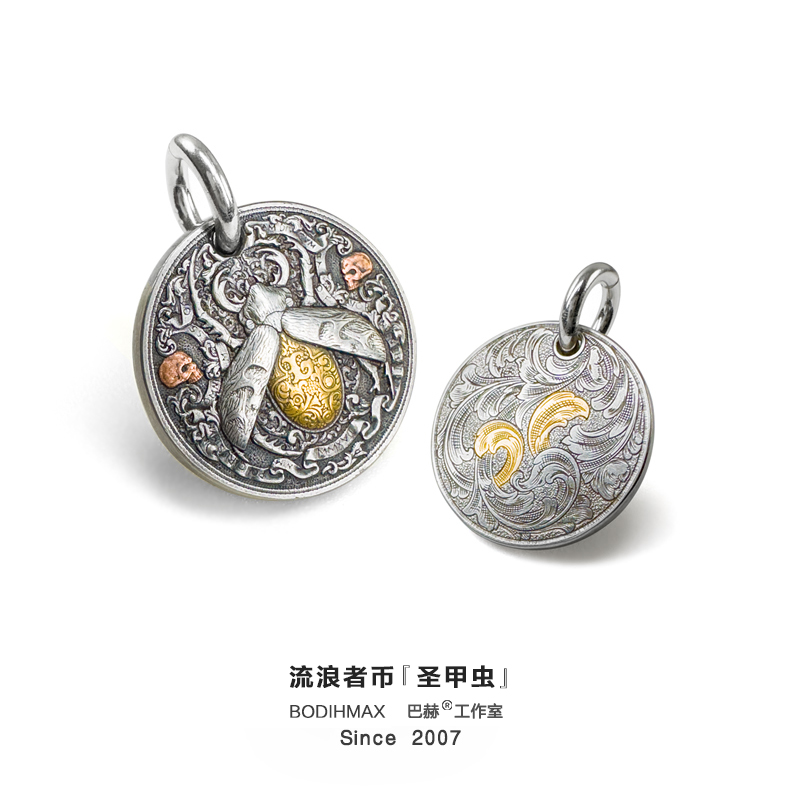 巴赫 铁合金吊坠 【陨铁】流浪者币圣甲虫古法铁翦金工艺雕金挂坠