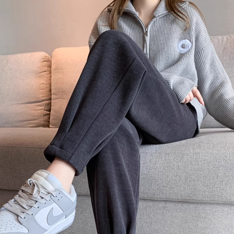 胖MM大码灯芯绒运动裤女秋冬加绒高腰宽松显瘦休闲哈伦奶奶萝卜裤