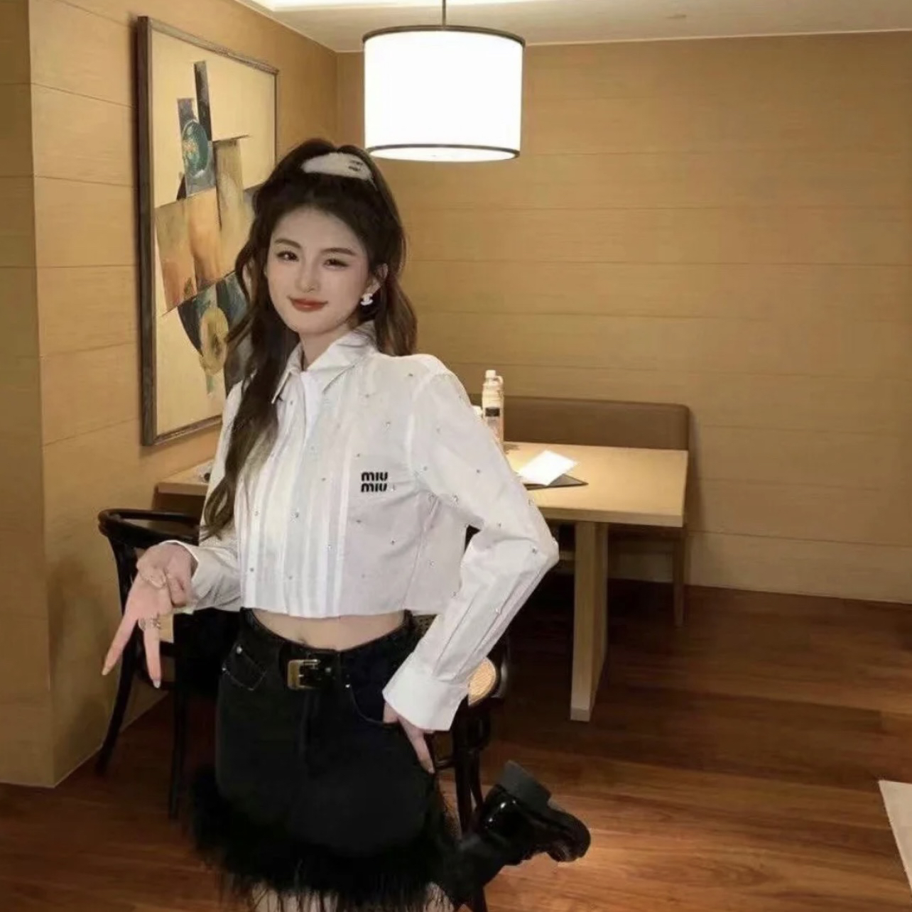 99新 MIU MIU/缪缪  1k062 SS23 满印圆点短款长袖衬衫 40码