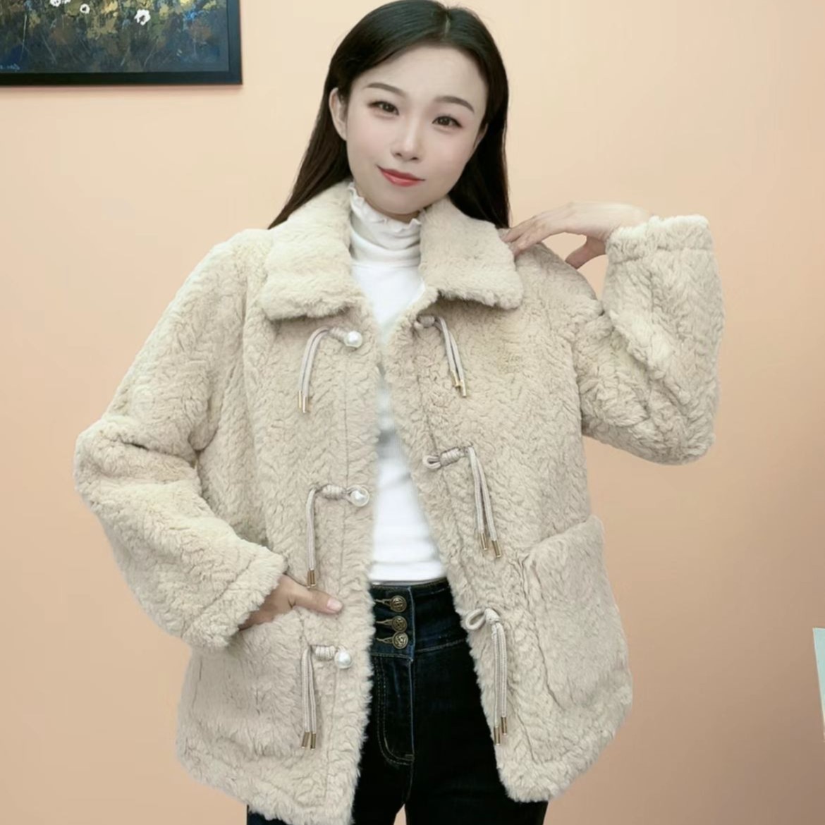 【HDY189】珠珠扣绑绳冬季新款一体绒外套