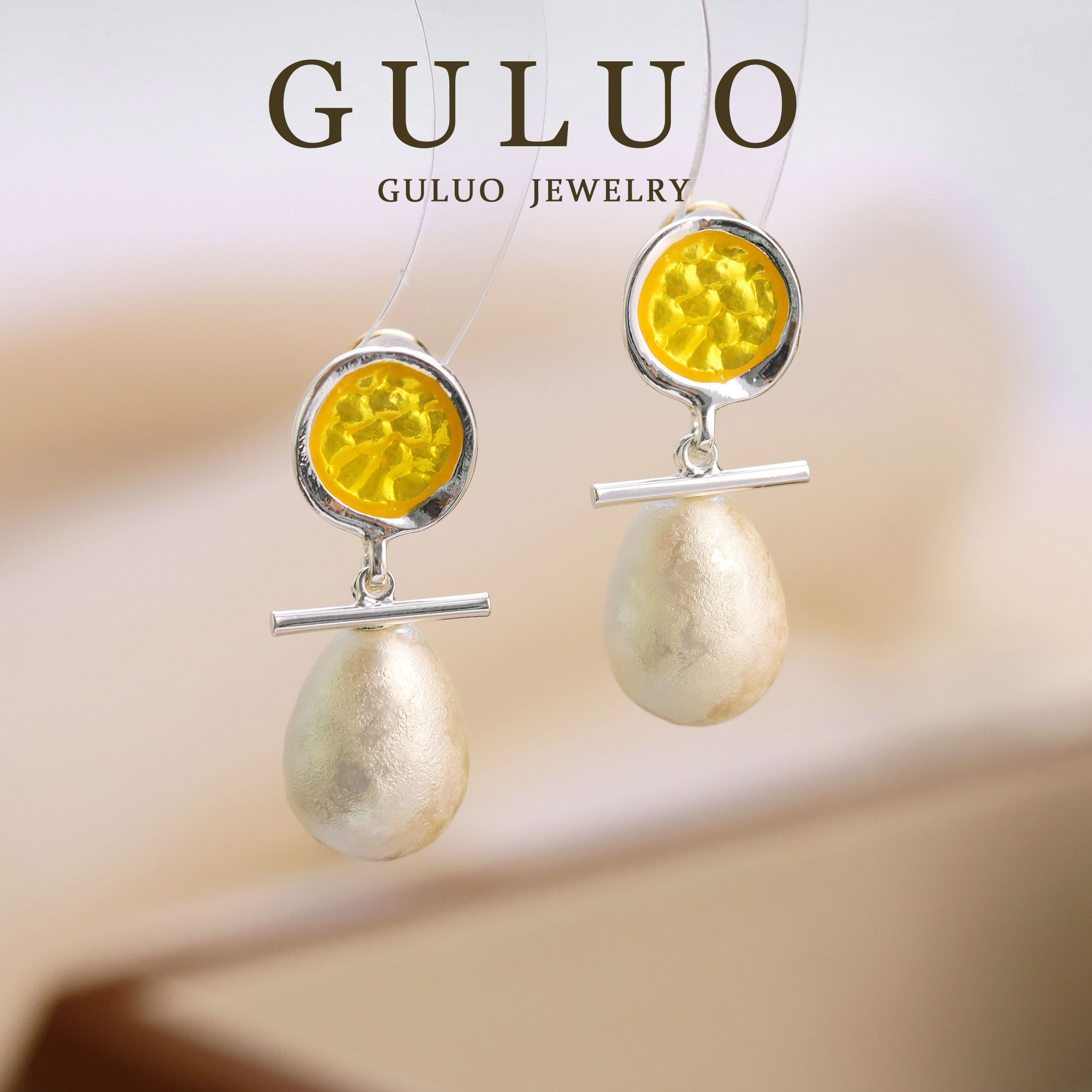 合金仿珍珠耳饰 橙色设计感平衡木百搭木棉珠耳钉