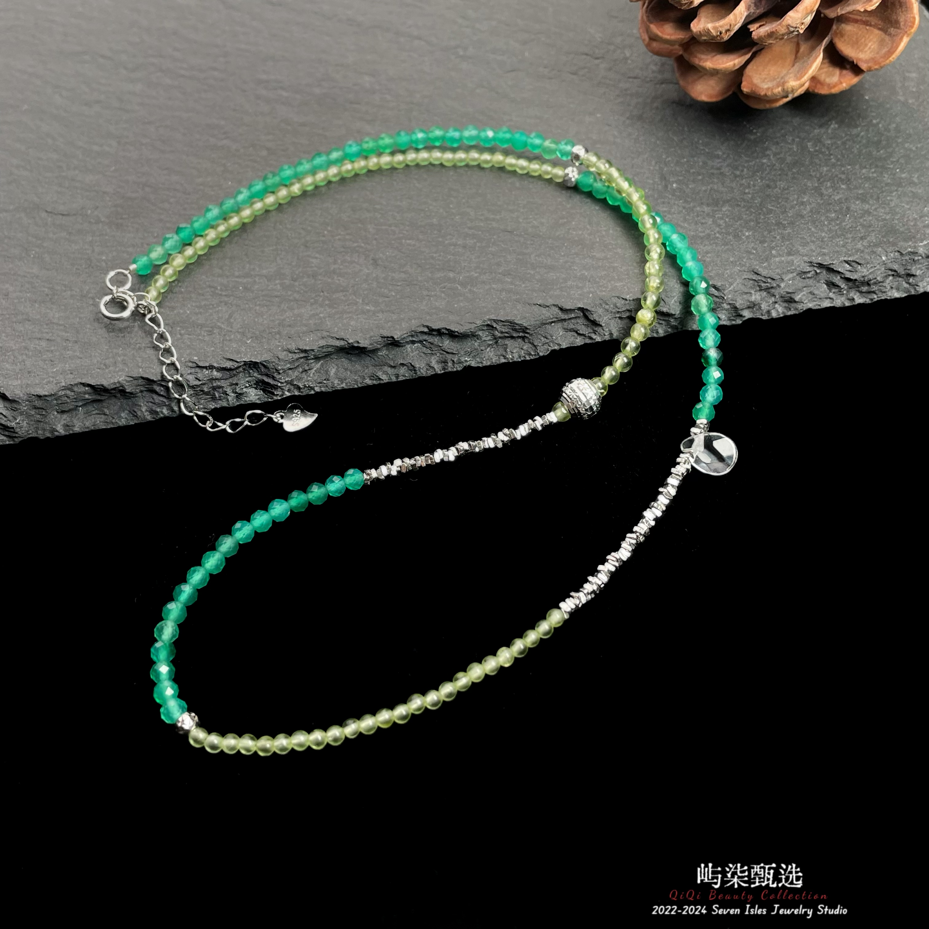 【要努力】A840 玉髓银925镶嵌 玉髓切面橄榄小m项链