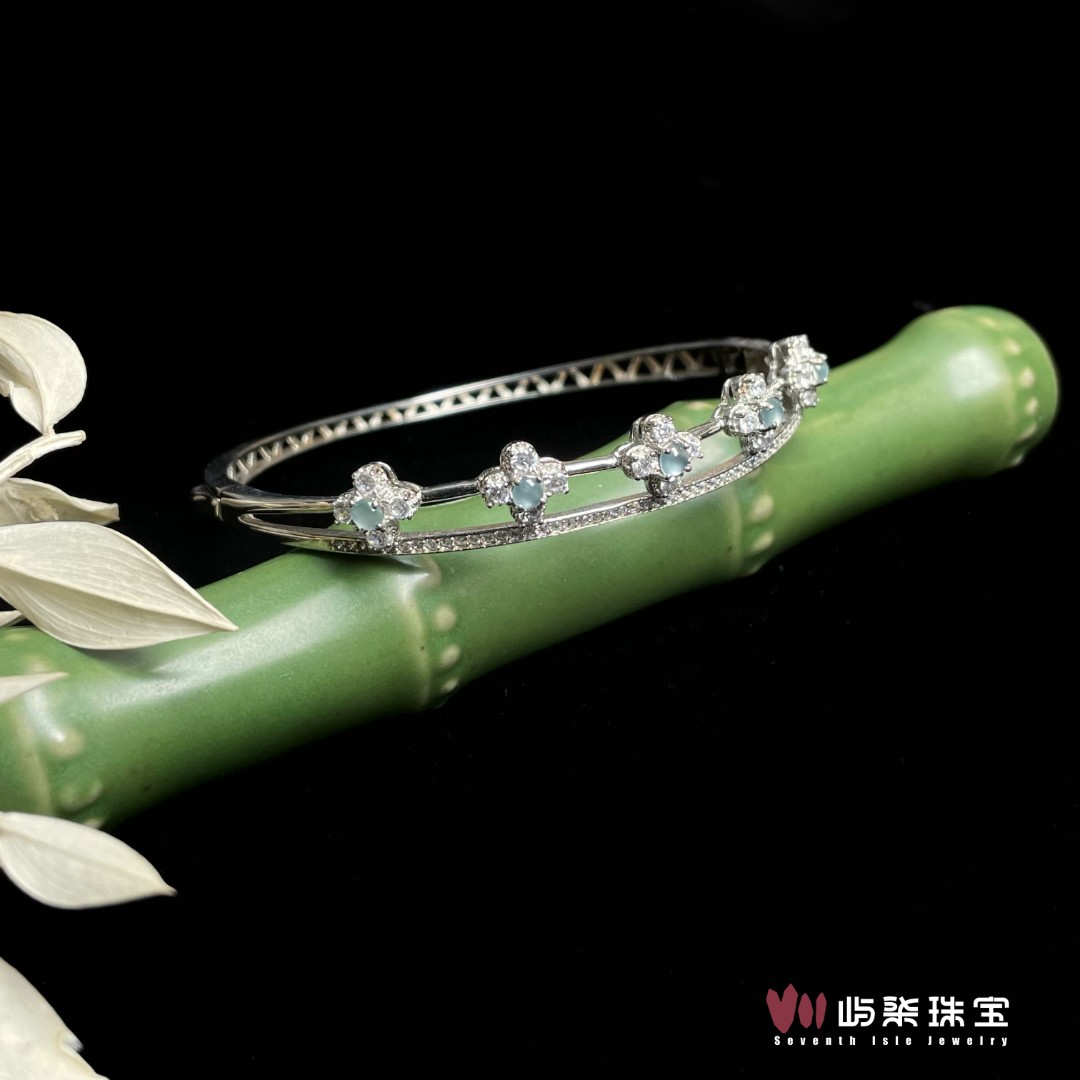 【要努力】B402 翡翠银S925镶嵌 蓝冰双层花闪多蛋手镯