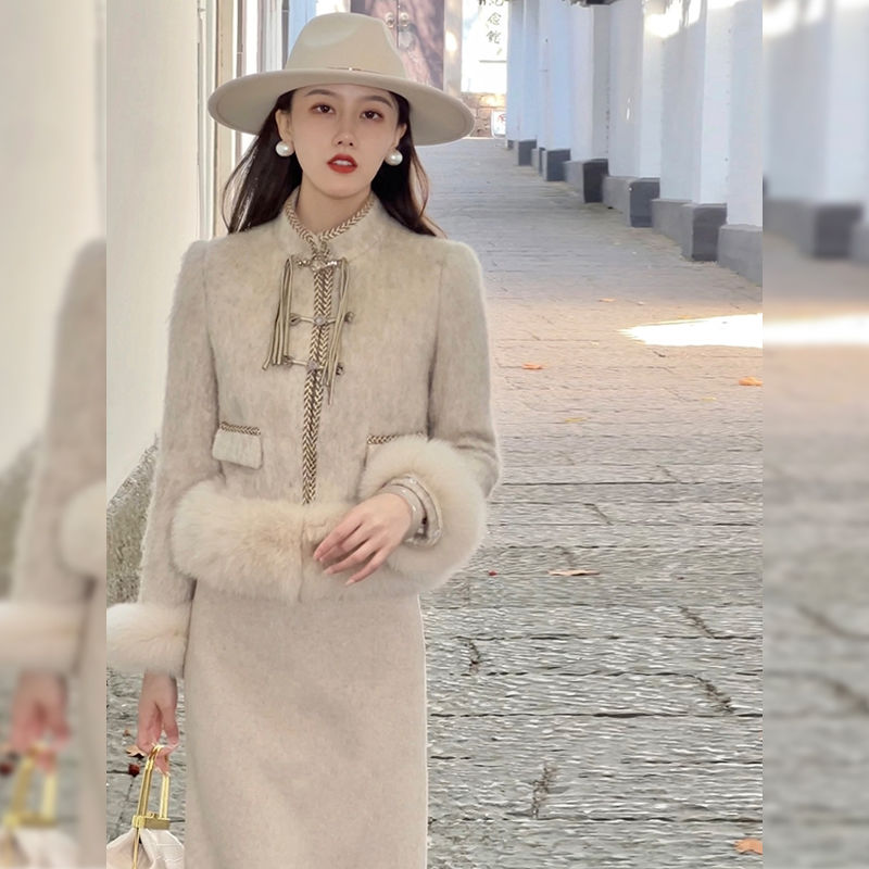 【梨花落】法式精致高级冬季毛呢小香风套装一眼惊艳连衣裙两件套