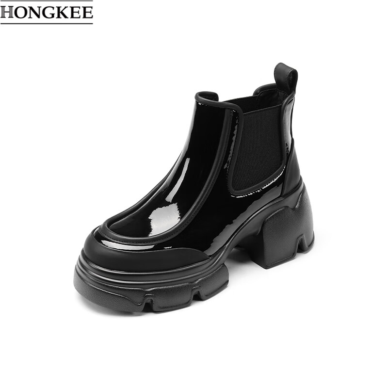 冬季圆头套筒优雅时尚厚底增高靴子黑色HD94D418