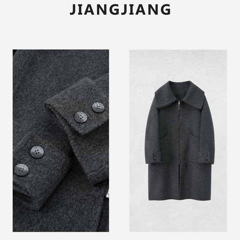  素典【周年定制款】JI时尚毛呢中长款拉链双面呢大翻领冬大衣3026