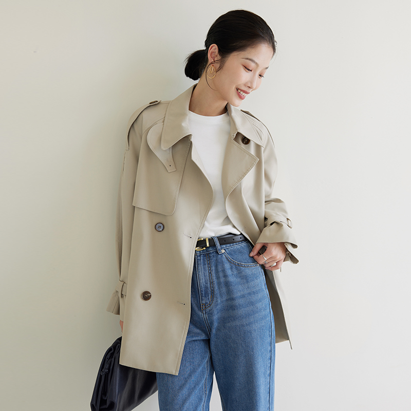 素典【小巷人家】短款风衣女秋款小个子韩版英伦风大衣外套卡其854