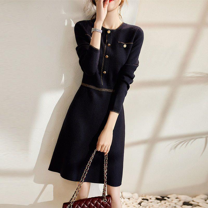 春秋新款针织毛衣连衣裙女小黑裙A字收腰毛衣裙配大衣内搭外穿裙