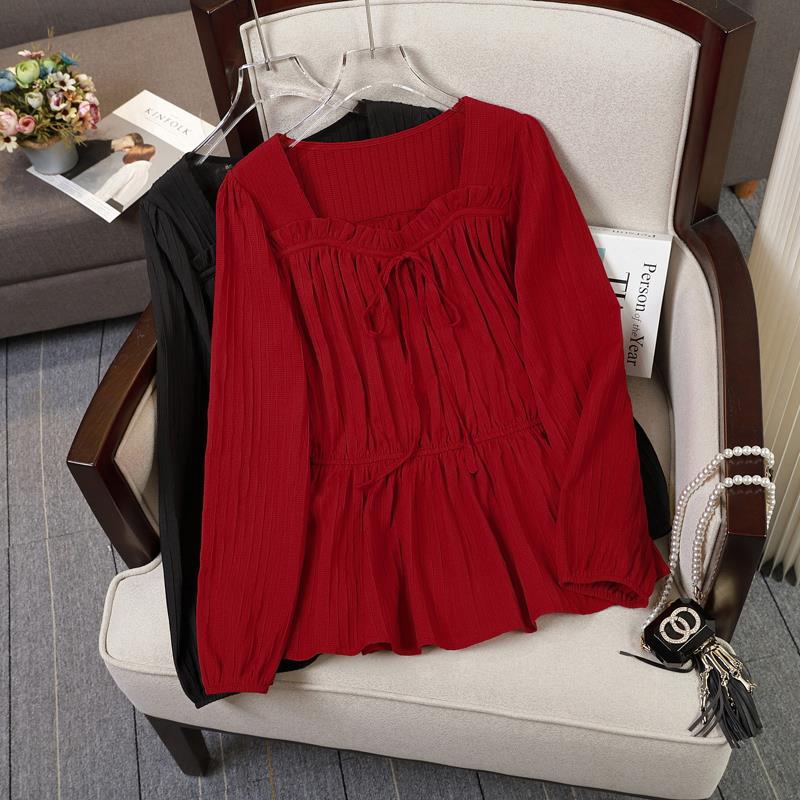 2023秋季新款大码女装胖MM方领泡泡袖显瘦遮肚甜美减龄法式衬衣