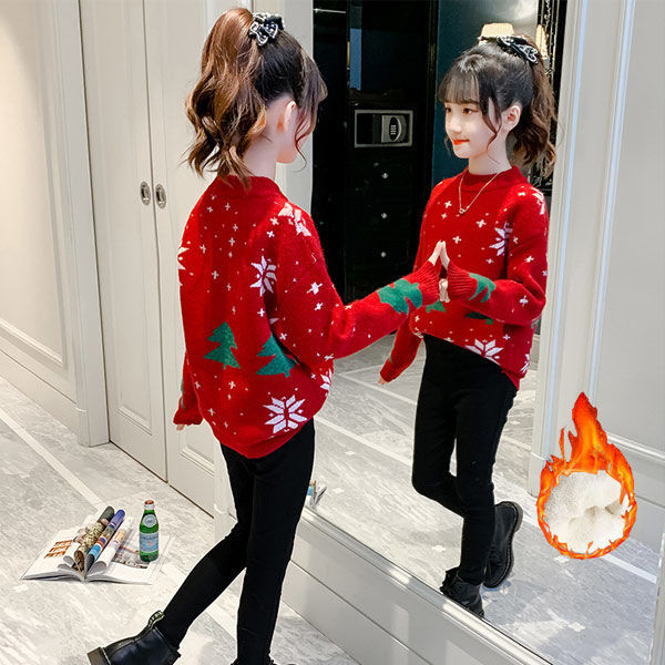 秋冬新款女童毛衣加绒2023秋冬新款大儿童加厚洋气圣诞打底衫女孩