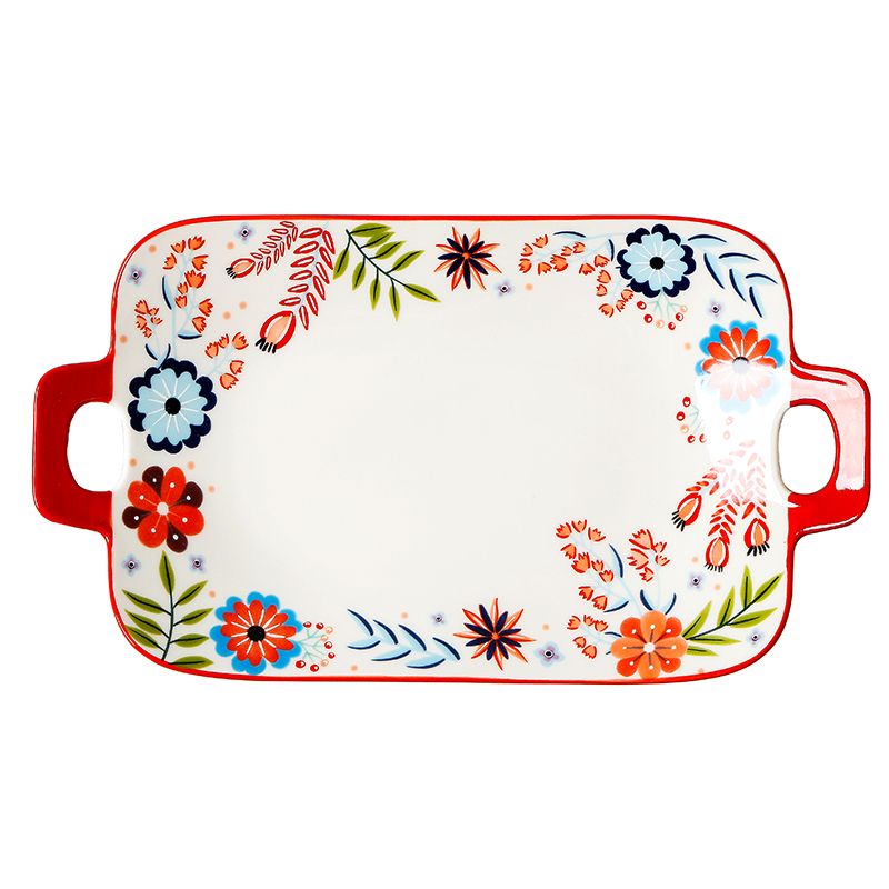 意乐美家用长方形喜庆釉下彩陶瓷餐具碗碟盘创意繁花漂亮双耳盘子