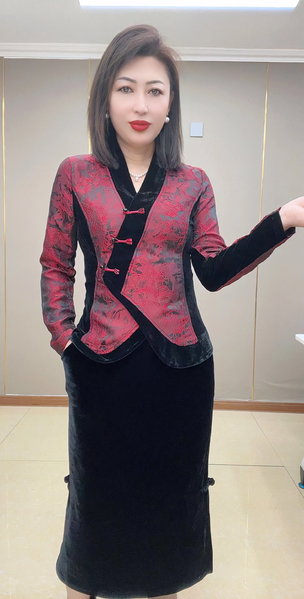 FENGJIE断码清仓拼接丝绒时尚修身显瘦气质款打底衫5702