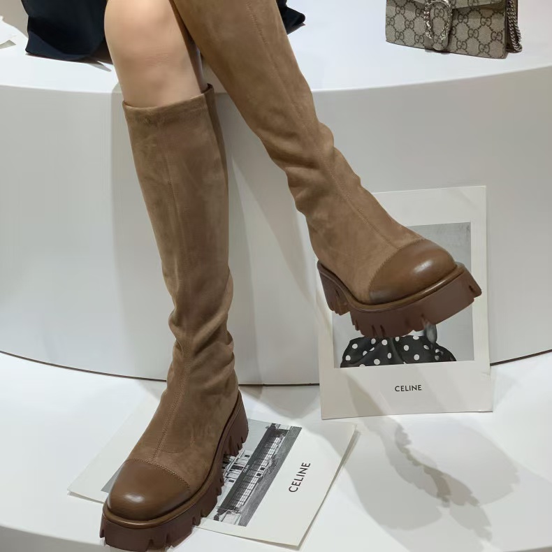 C202 卡其色 秋冬时尚舒适粗跟圆头高筒女长靴弹力靴 骑士靴