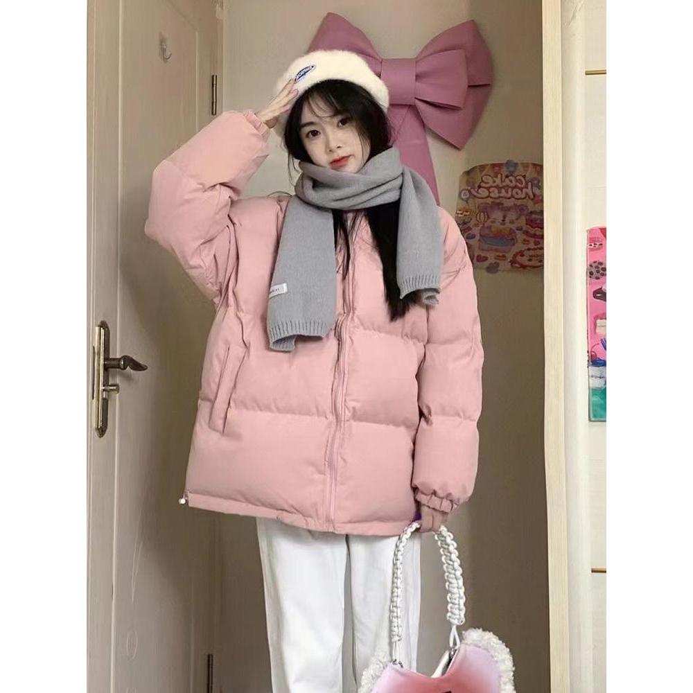 韩版加厚保暖粉色立领羽绒服外套女2023冬季新款宽松羽绒衣