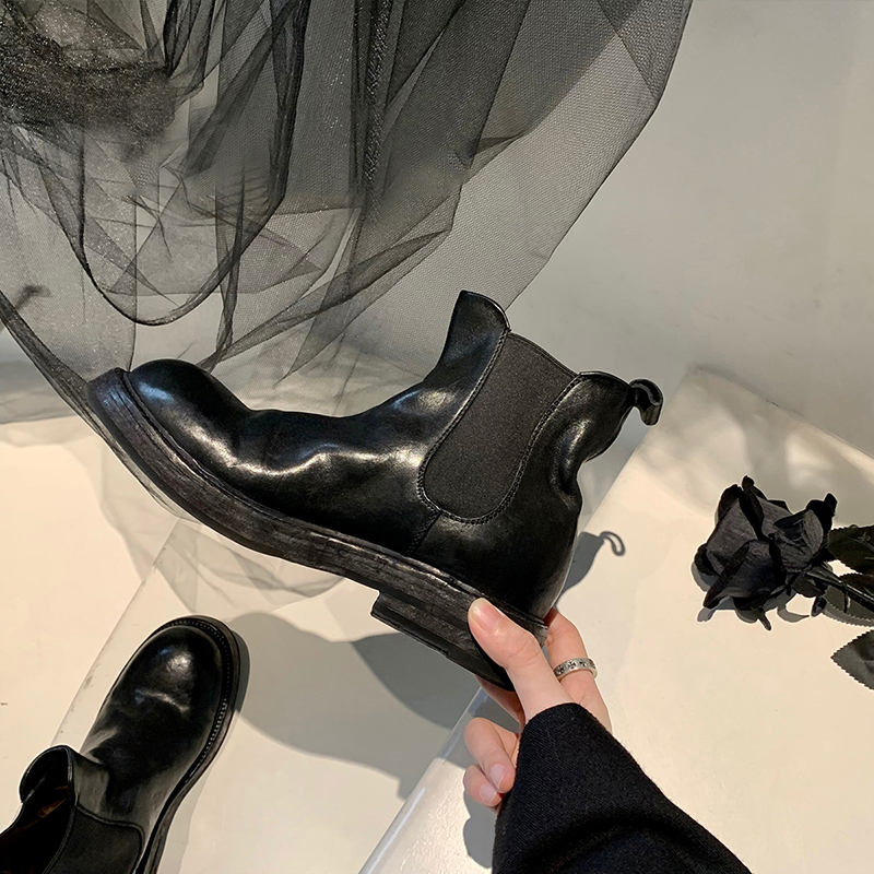 手工真皮底重水洗马皮黑色低筒切尔西靴女单靴子复古短靴大码女靴