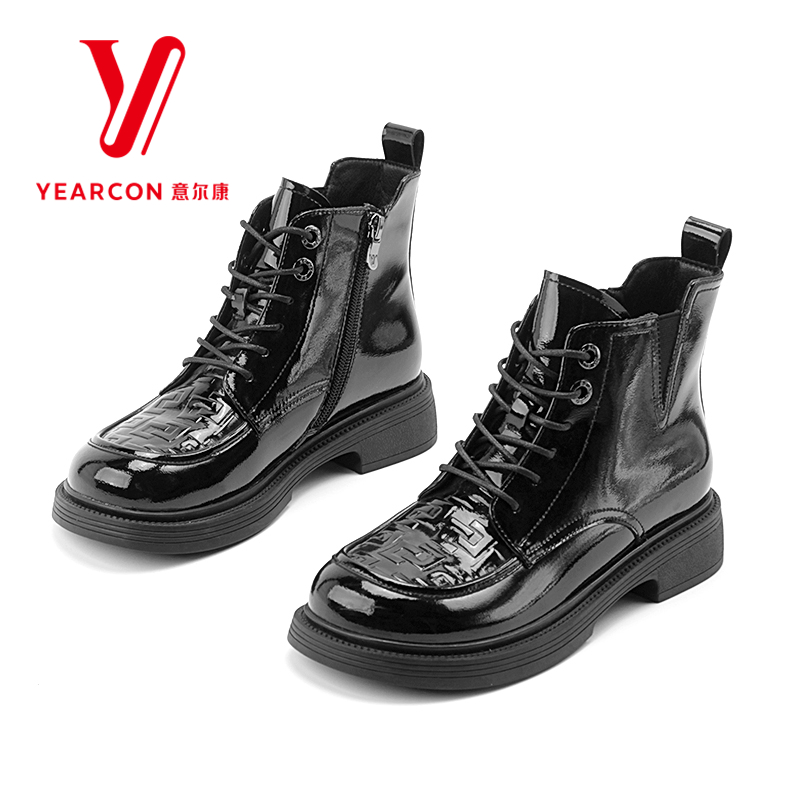 意尔康女鞋英伦小短靴女显瘦烟筒靴冬季加绒厚底马丁靴069233