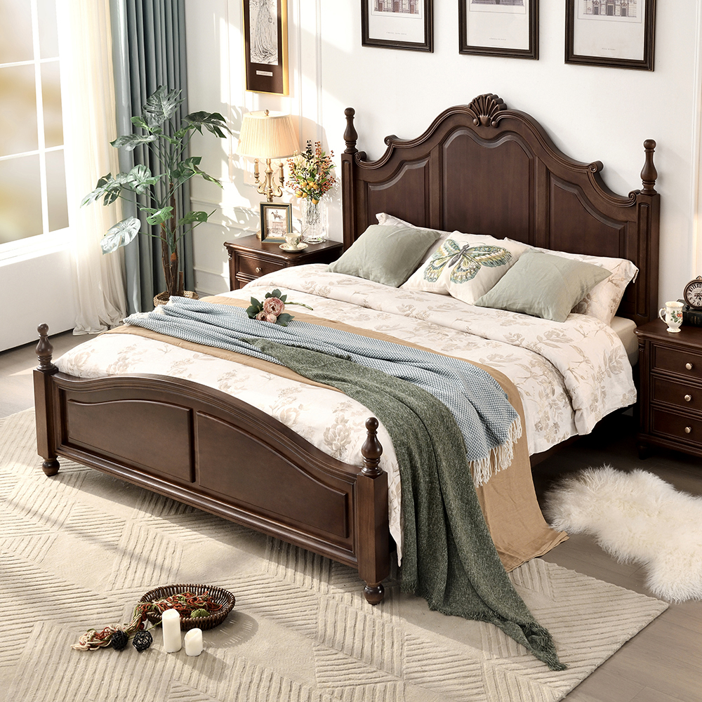 美式床全实木乡村风格纯原木核桃木框架双人储物床大床主卧室家具