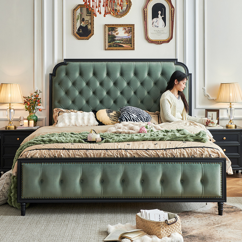 法式中古风黑色实木床绿色绒布真皮软靠大床复古主卧室家用储物床