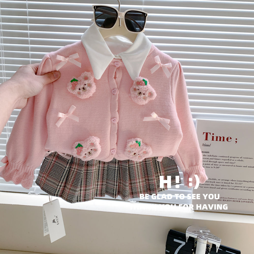 女童秋装套装2023新款女宝宝春秋季衣服儿童针织开衫百褶