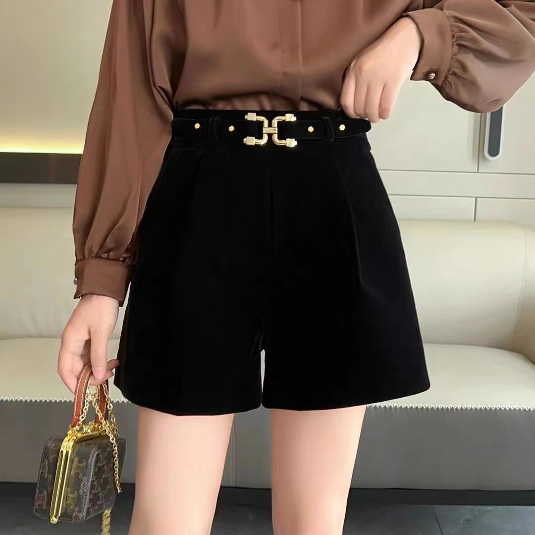高腰丝绒短裤气质外穿阔腿网红显瘦时尚百搭黑色ins休闲裤秋季