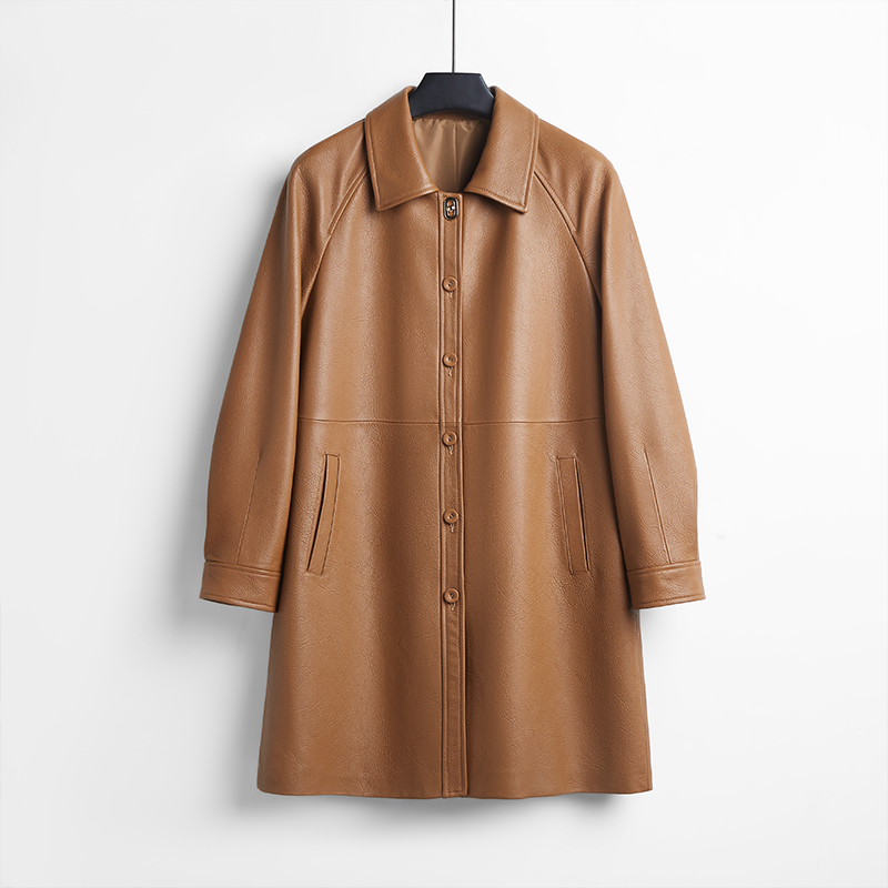 法歌弟FS2251时尚真皮皮衣女卡其色方领大码皮夹克头层绵羊皮