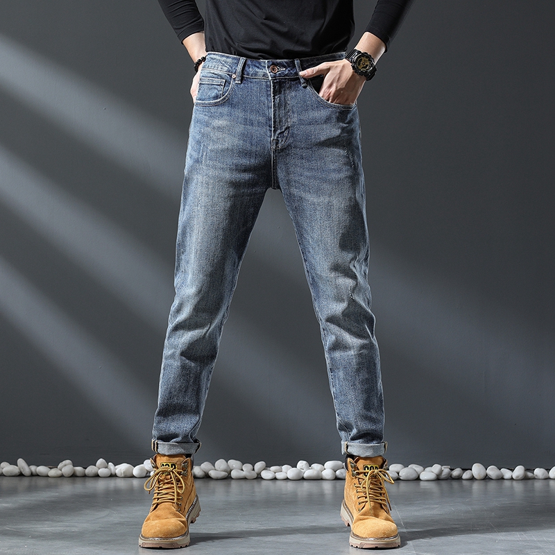城市李6028#秋冬厚款阿美咔叽风牛仔裤男潮牌修身小脚高弹力长裤