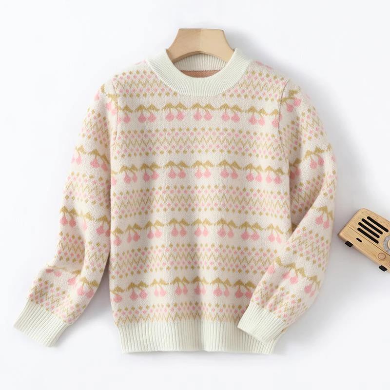 高端半高领儿童羊毛衫男女童装秋冬中大童可爱樱桃毛衣套头打底