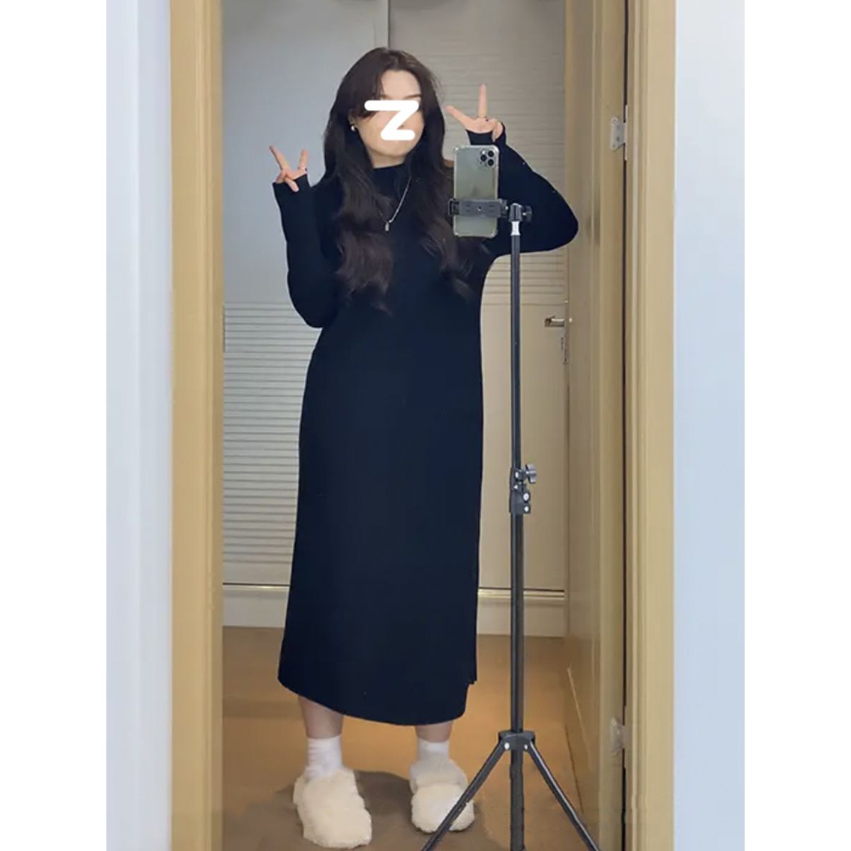 应小姐大码韩版显瘦色针织连衣裙女秋冬宽松遮肉半高领中长裙潮