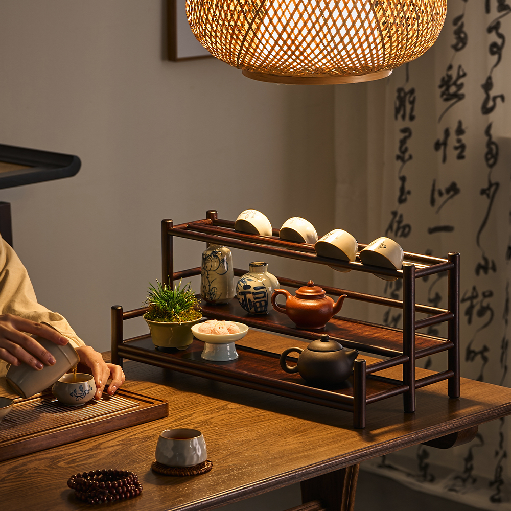 双层茶杯架竹制茶具收纳展示架商用摆放架围栏茶壶架茶道杯托沥水