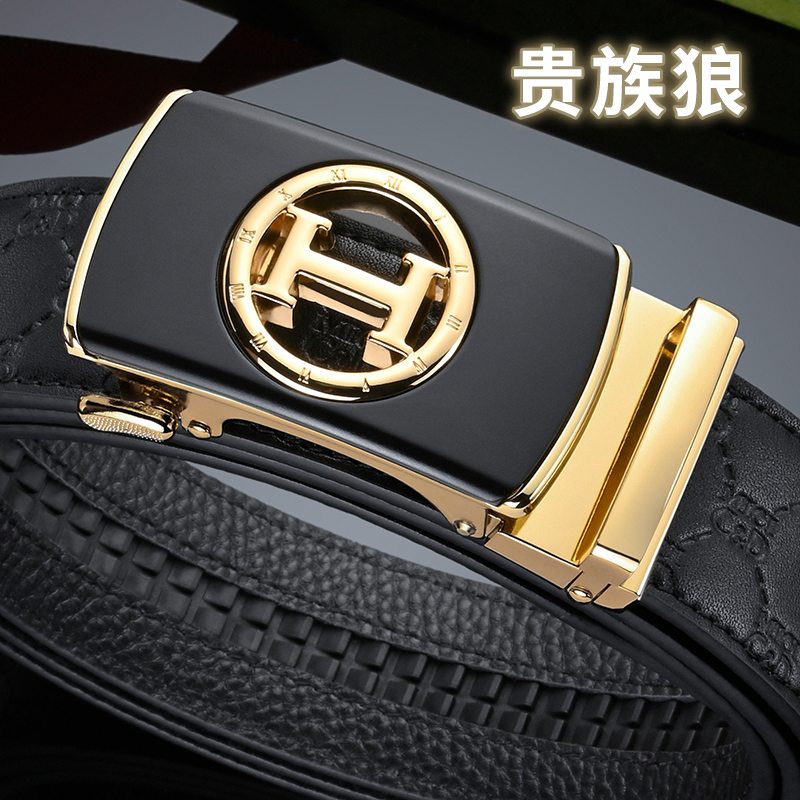 贵族狼男士高级牛皮腰带金色字母H头层牛皮腰带休闲男士皮带