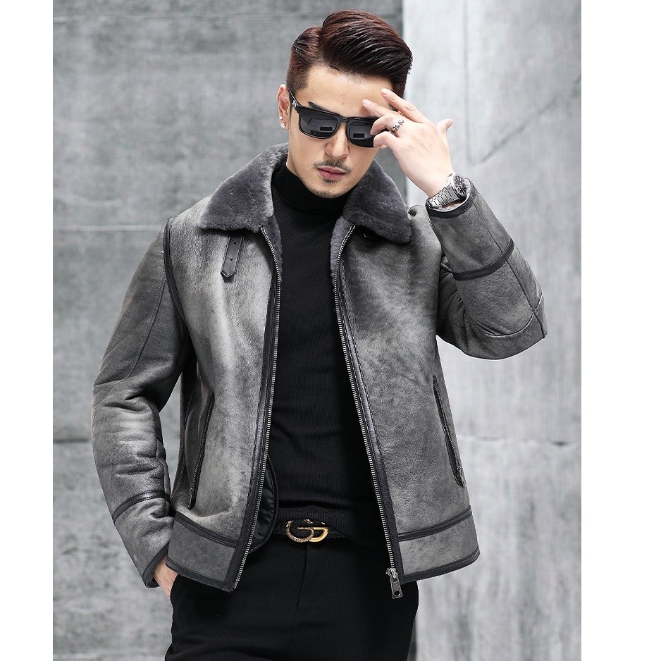 新款原生态皮毛一体短款绵羊皮夹克真皮皮衣男翻领冬外套