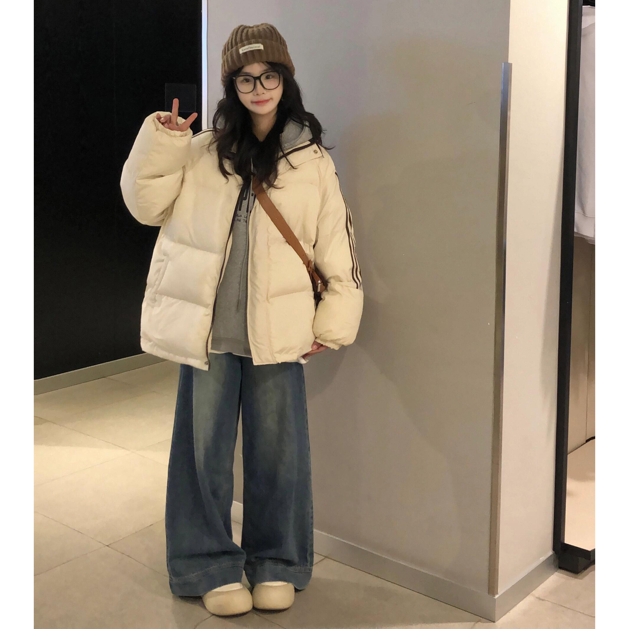 labzaa美式简约纯色三条杠立领棉衣外套男女冬季休闲加厚面包棉服
