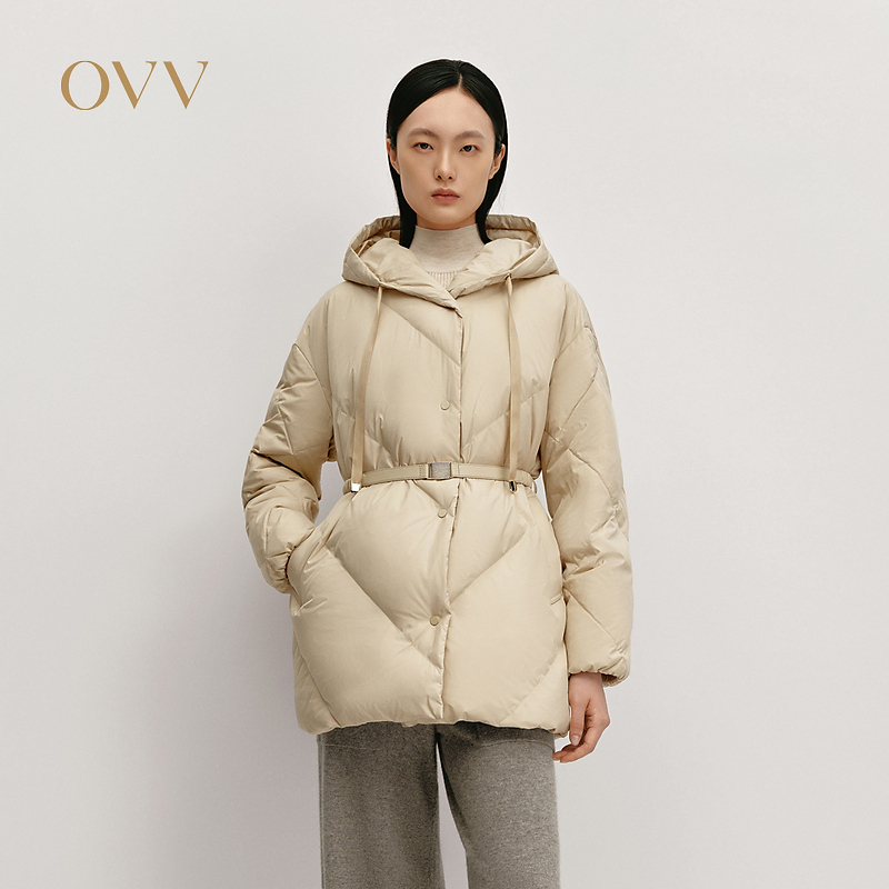 OVV秋冬新款女装中长款连帽随附腰带直筒保暖羽绒服GWRAJ44108A