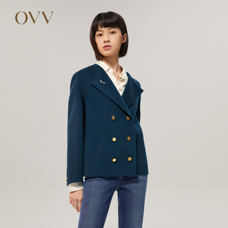 OVV秋冬新款女双排扣船锚纽扣海军风羊毛高级感外套GWJFJ32110A