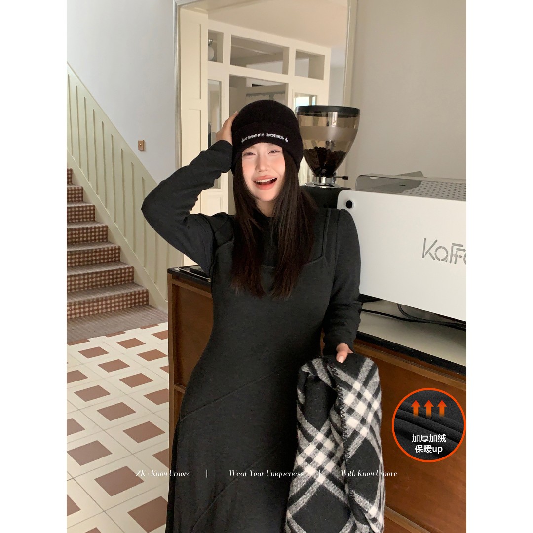 知葵微胖定制【新晋战裙】秋冬百搭气质假两件修身连衣裙12243L4424