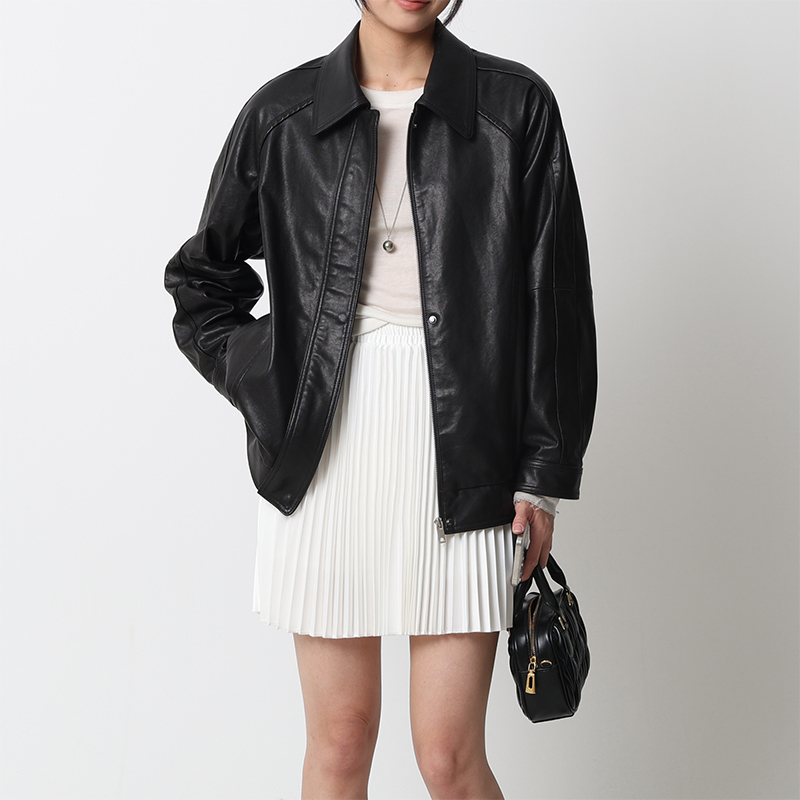 2024秋冬时尚休闲ounce百搭黑色韩版翻领宽松绵羊真皮衣夹克外套