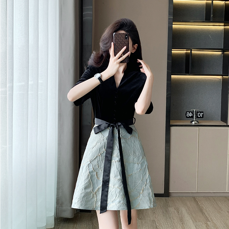 新中式复古爆款拼接连衣裙女装夏季新款高级显瘦名媛高档气质短裙