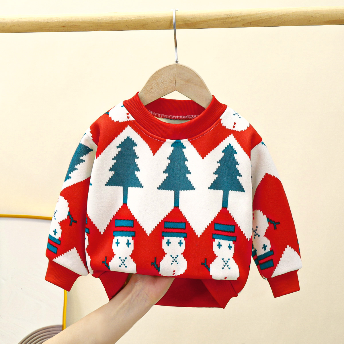 秋冬新款简单时尚潮流风格男女童针织加绒卫衣儿童套头卫衣