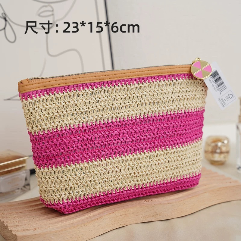 【1个装】23*15*5cm粉色条纹拼接草编化妆包大容量绿野仙踪手拿包