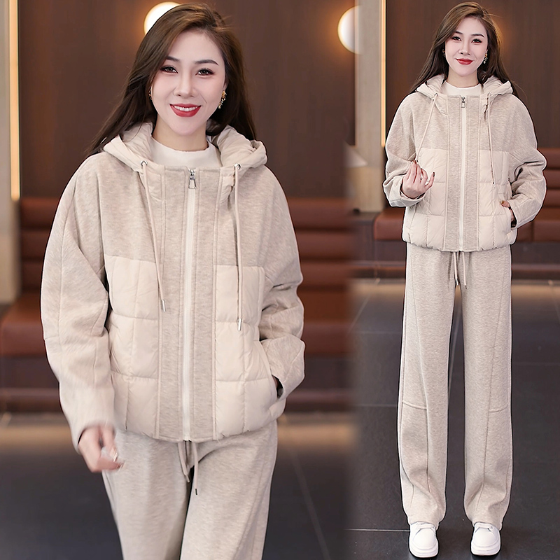【梅子精选】冬季时尚加厚韩版连帽宽松女士棉服加绒保暖休闲套装