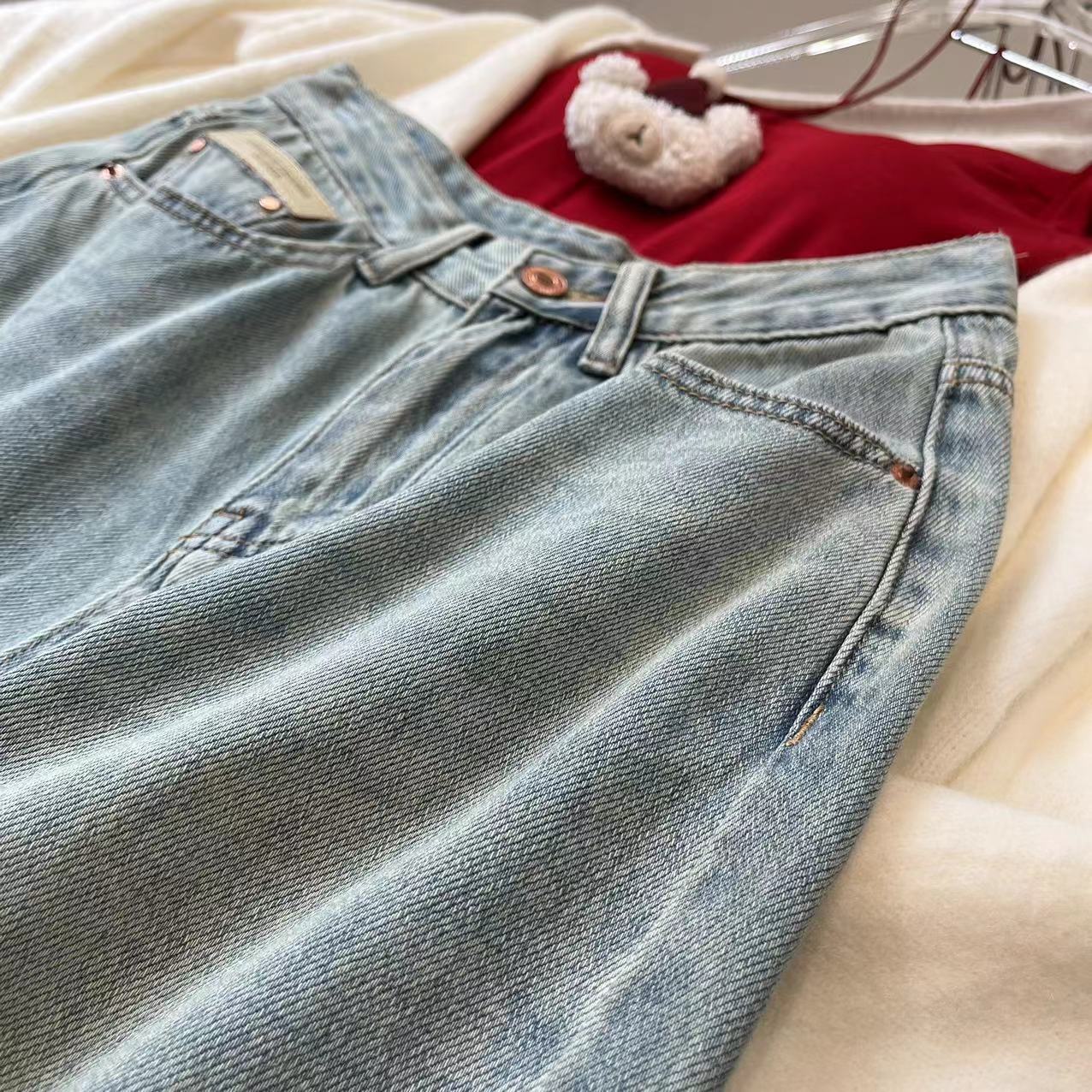 W00708窄版宽松显瘦百搭拖地直筒裤（扣眼已开裤脚挽起介意勿拍）