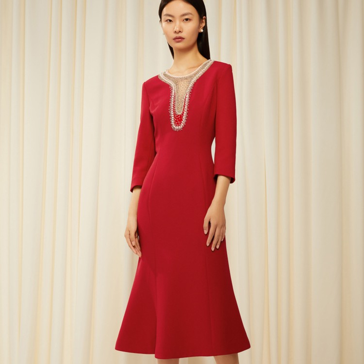 Song of Song歌中歌婚礼宴会酒红色礼服圆领连衣裙5C32505270